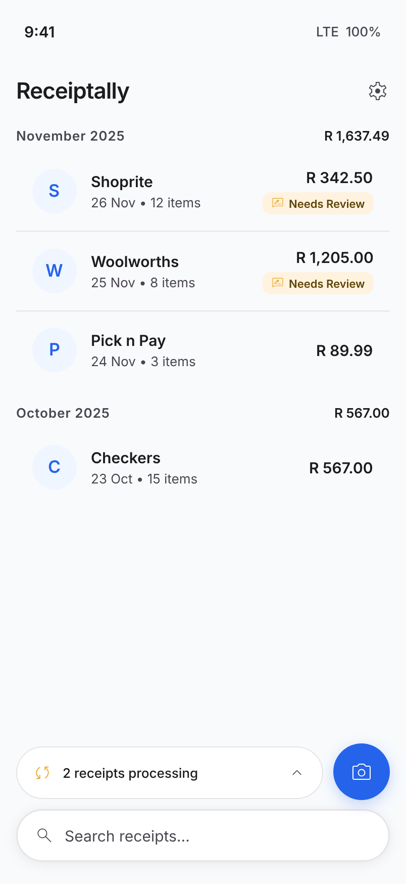 Receiptally home screen showing extracted receipts grouped by month — Shoprite, Woolworths, Pick n Pay, Checkers — with merchant initials, dates, item counts, totals, and 'Needs Review' badges. A processing-queue chip and search field sit at the bottom.